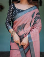 Blush Pink Pure Cotton Linen Saree with Contrast Polka Dot Blouse and Tassel Detailing