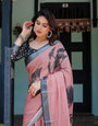 Blush Pink Pure Cotton Linen Saree with Contrast Polka Dot Blouse and Tassel Detailing