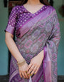 Elegant Purple Cotton Linen Saree with Geometric Motif and Blouse