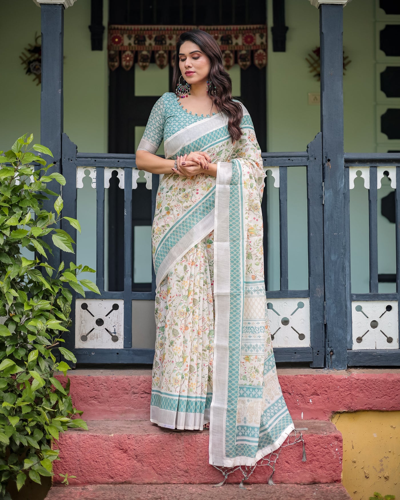 Elegant Floral Printed Pure Cotton Linen Saree in Ivory with Teal Border and Blouse, Tassels on Edges