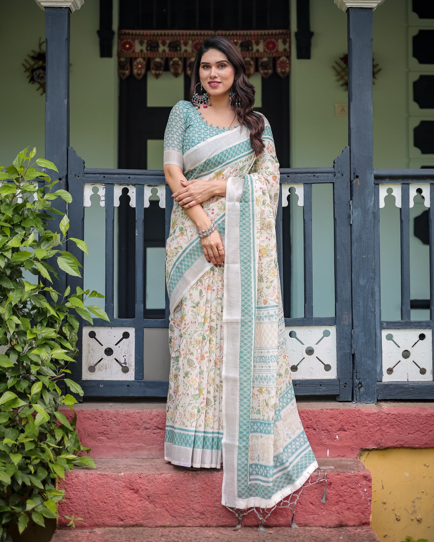 Elegant Floral Printed Pure Cotton Linen Saree in Ivory with Teal Border and Blouse, Tassels on Edges