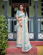 Elegant Floral Printed Pure Cotton Linen Saree in Ivory with Teal Border and Blouse, Tassels on Edges