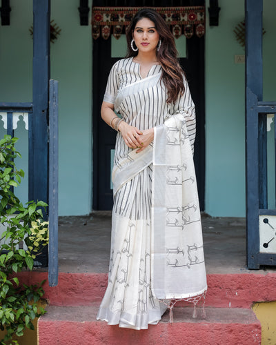 White and Black Pure Cotton Linen Saree with Striped Pattern, Blouse, and Tassel Detailing