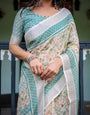 Elegant Floral Printed Pure Cotton Linen Saree in Ivory with Teal Border and Blouse, Tassels on Edges