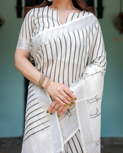 White and Black Pure Cotton Linen Saree with Striped Pattern, Blouse, and Tassel Detailing