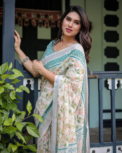 Elegant Floral Printed Pure Cotton Linen Saree in Ivory with Teal Border and Blouse, Tassels on Edges