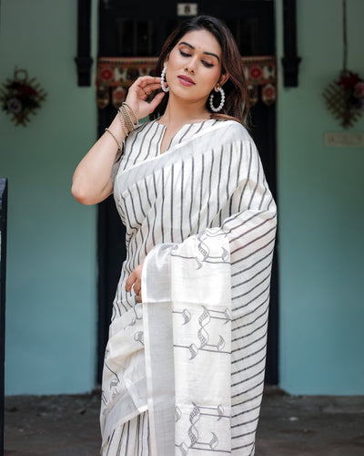 White and Black Pure Cotton Linen Saree with Striped Pattern, Blouse, and Tassel Detailing