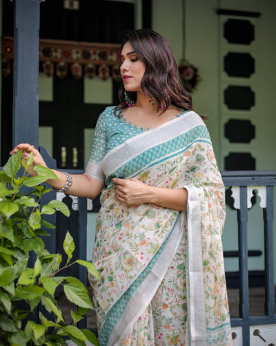 Elegant Floral Printed Pure Cotton Linen Saree in Ivory with Teal Border and Blouse, Tassels on Edges