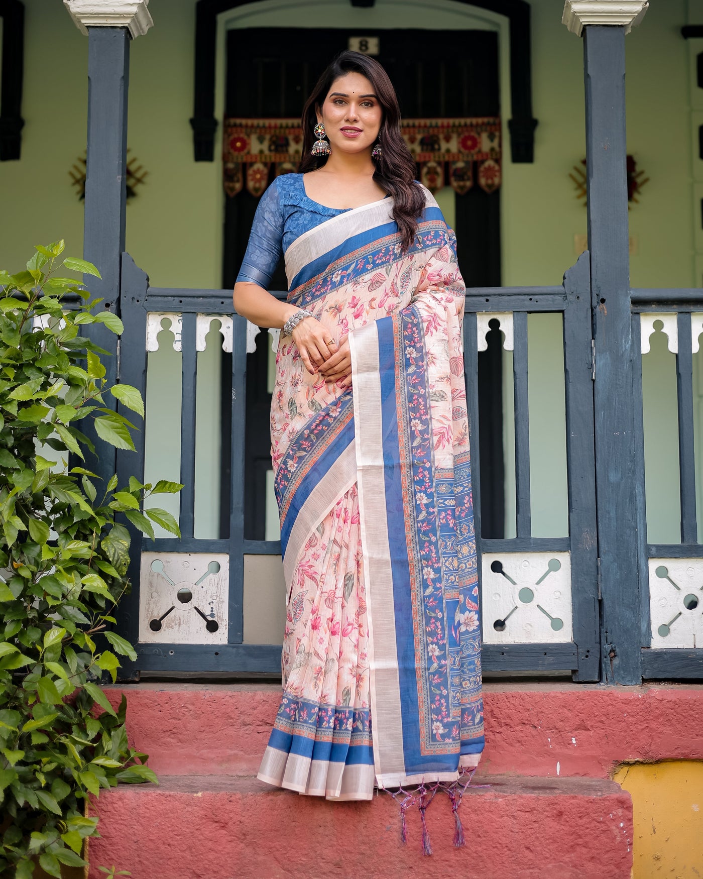 Pure Cotton Linen Saree with Blue Floral Border and Pink Leaf Design with Tassels on Edges