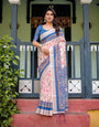 Pure Cotton Linen Saree with Blue Floral Border and Pink Leaf Design with Tassels on Edges