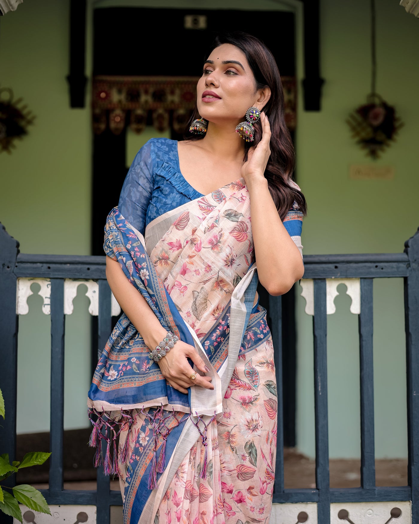 Pure Cotton Linen Saree with Blue Floral Border and Pink Leaf Design with Tassels on Edges