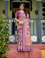 Purple Floral Printed Pure Cotton Linen Saree with Blouse and Tassels