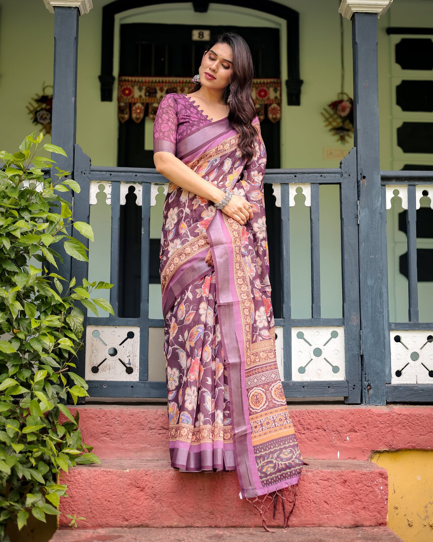 Purple Floral Printed Pure Cotton Linen Saree with Blouse and Tassels