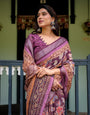 Purple Floral Printed Pure Cotton Linen Saree with Blouse and Tassels