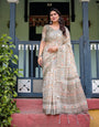 Beige Pure Cotton Linen Saree with Geometric and Leaf Pattern, Blouse, and Tassels