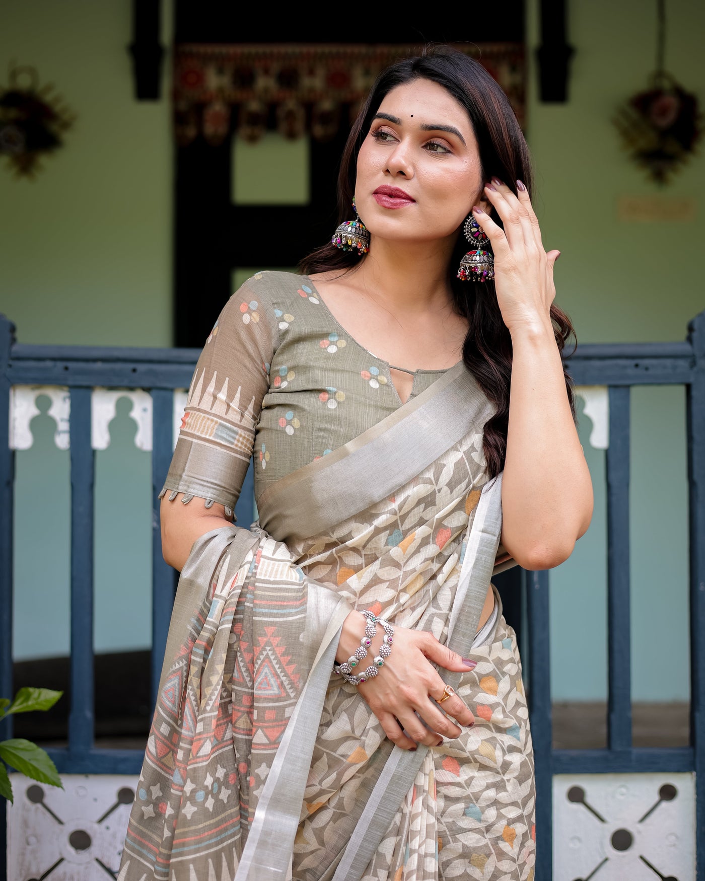 Beige Pure Cotton Linen Saree with Geometric and Leaf Pattern, Blouse, and Tassels