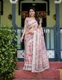 Elegant Floral Print Pure Cotton Linen Saree in Ivory with Multi-Color Florals and Tassels