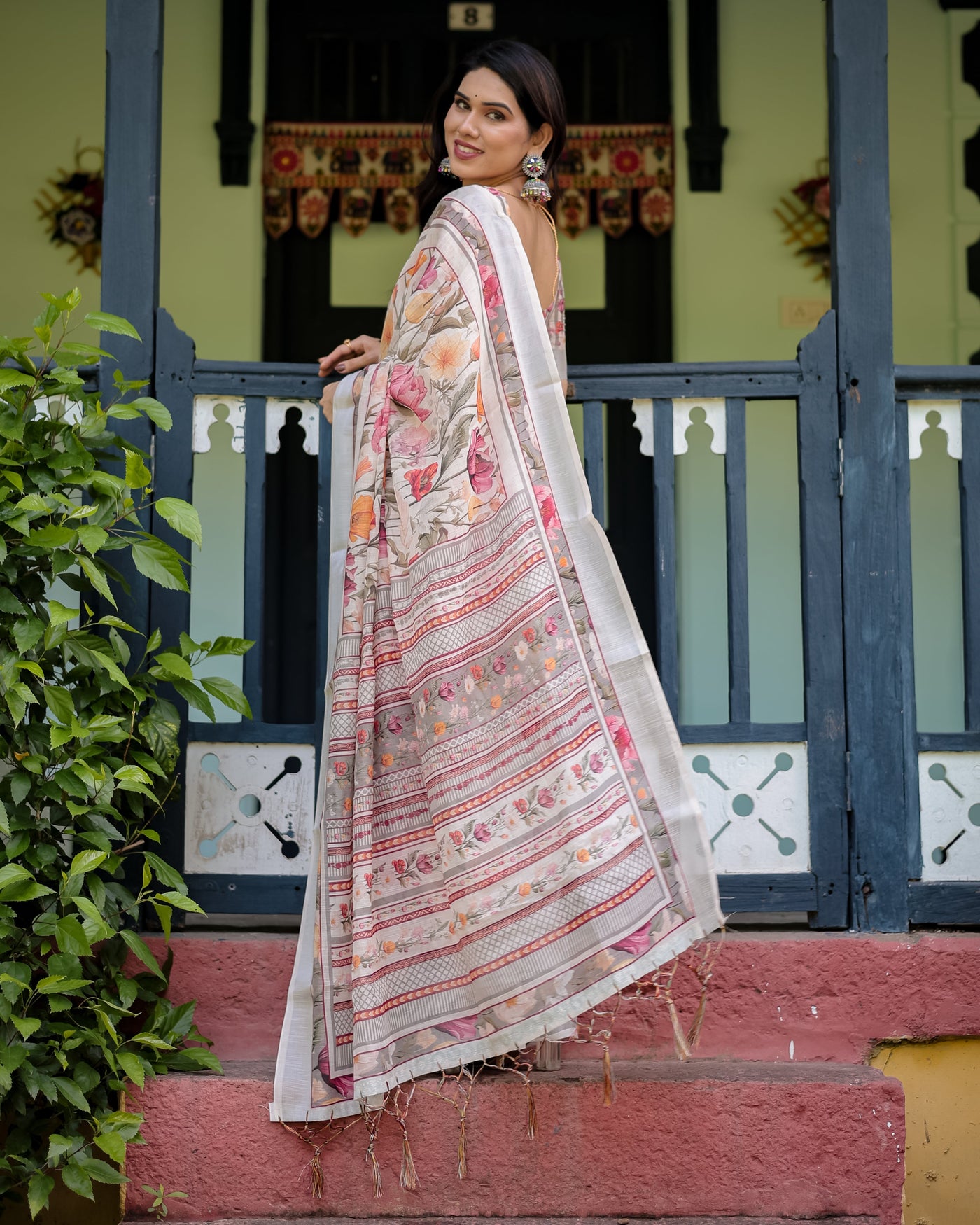 Elegant Floral Print Pure Cotton Linen Saree in Ivory with Multi-Color Florals and Tassels