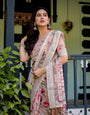 Elegant Floral Print Pure Cotton Linen Saree in Ivory with Multi-Color Florals and Tassels