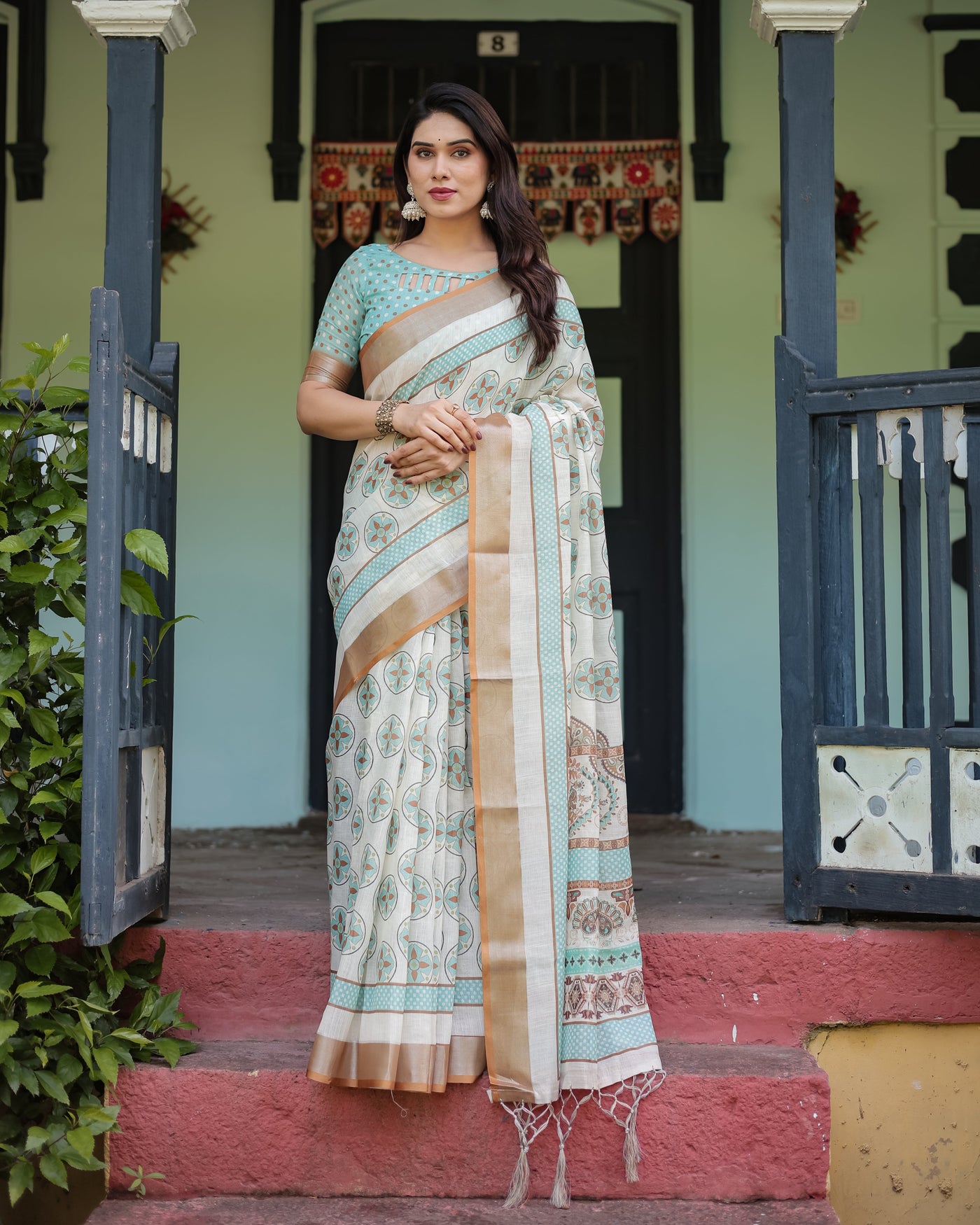 Beige With Aqua Pure Cotton Linen Saree with Geometric Floral Design and Tassels on Edges