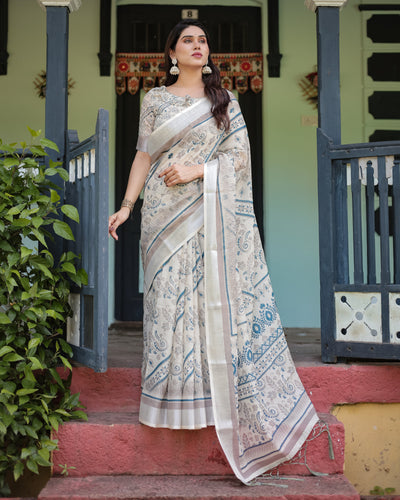 Beige and Blue Floral Printed Pure Cotton Linen Saree with Blouse and Tassels