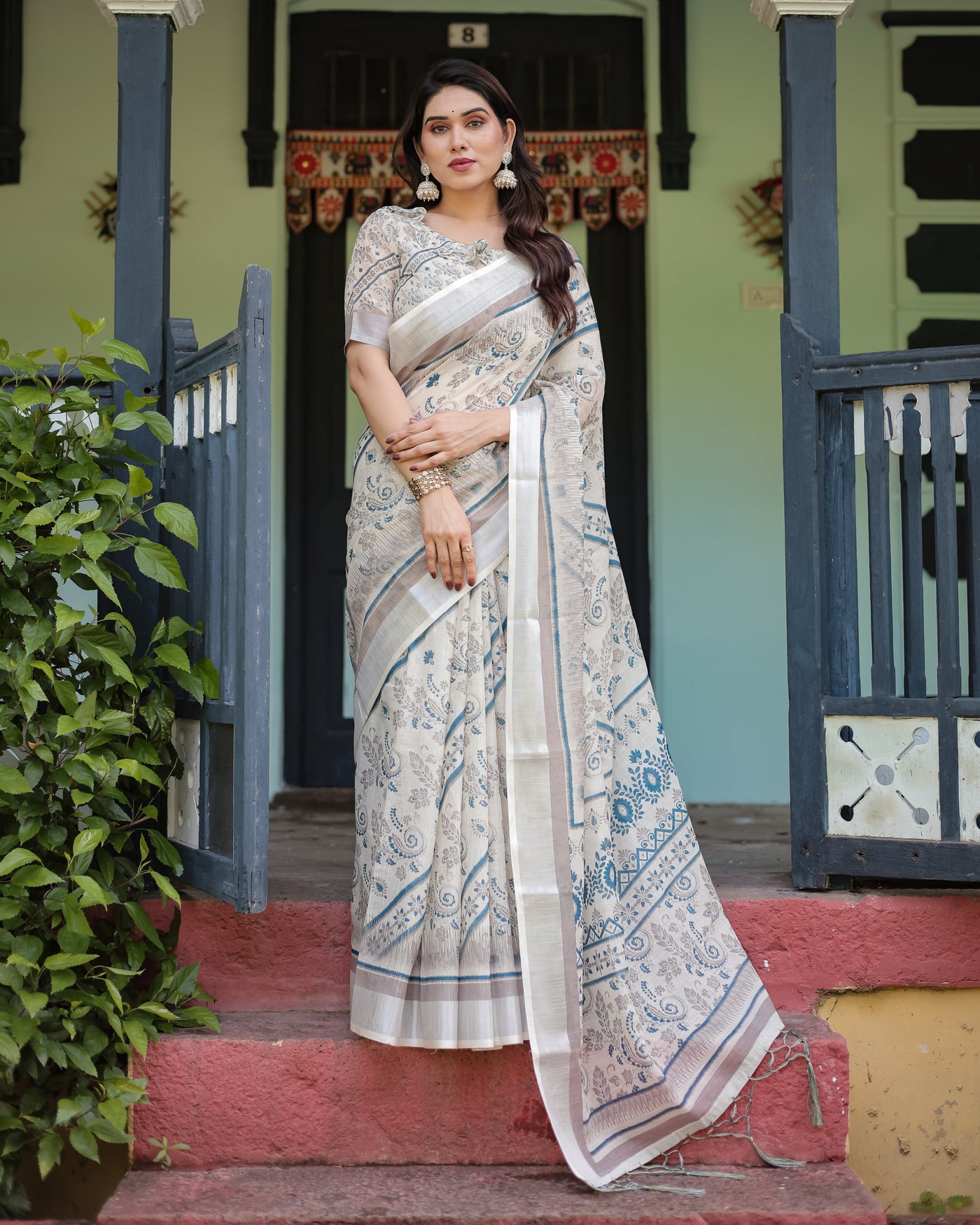 Beige and Blue Floral Printed Pure Cotton Linen Saree with Blouse and Tassels