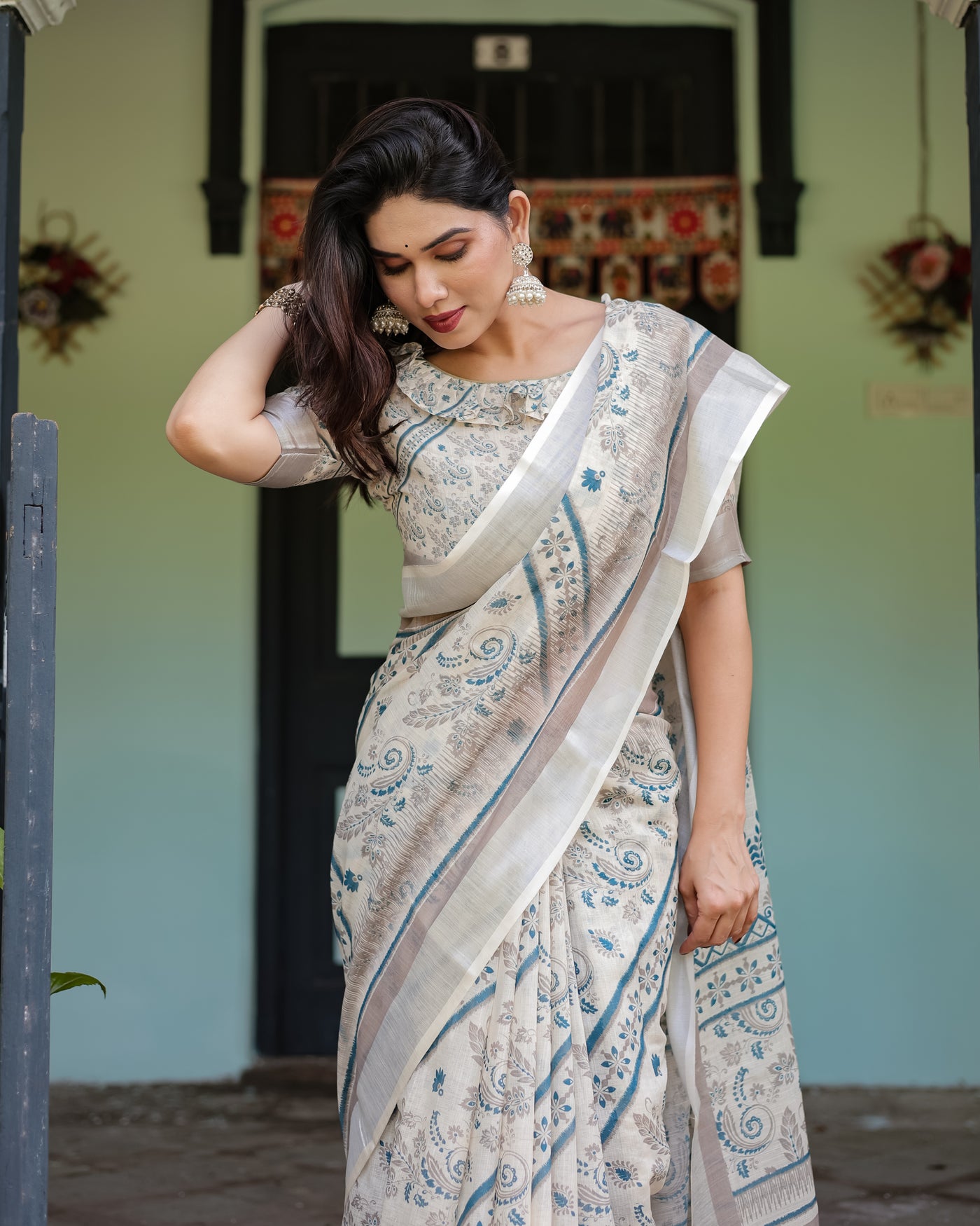 Beige and Blue Floral Printed Pure Cotton Linen Saree with Blouse and Tassels