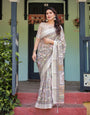 Cream and Pastel Multicolour Printed Pure Cotton Linen Saree with Blouse and Tassels on Edges