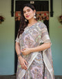 Cream and Pastel Multicolour Printed Pure Cotton Linen Saree with Blouse and Tassels on Edges