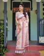 Cream and Maroon Geometric Printed Pure Cotton Linen Saree with Blouse and Tassels