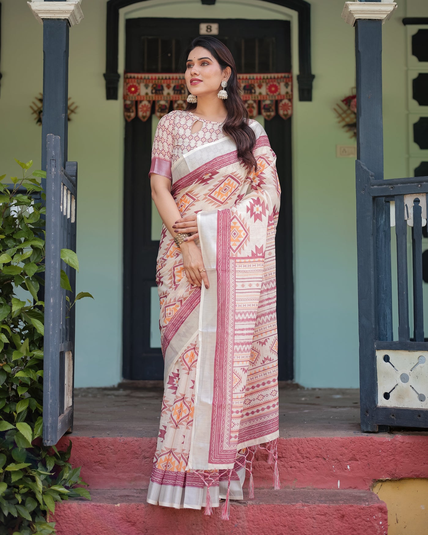 Cream and Maroon Geometric Printed Pure Cotton Linen Saree with Blouse and Tassels