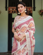 Cream and Maroon Geometric Printed Pure Cotton Linen Saree with Blouse and Tassels