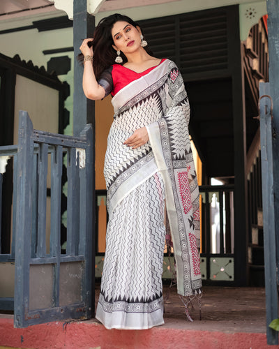 Black and White Geometric Pattern Pure Cotton Linen Saree with Red Accents, Blouse, and Tassel Details