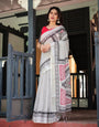 Black and White Geometric Pattern Pure Cotton Linen Saree with Red Accents, Blouse, and Tassel Details