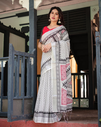 Black and White Geometric Pattern Pure Cotton Linen Saree with Red Accents, Blouse, and Tassel Details