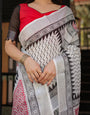 Black and White Geometric Pattern Pure Cotton Linen Saree with Red Accents, Blouse, and Tassel Details