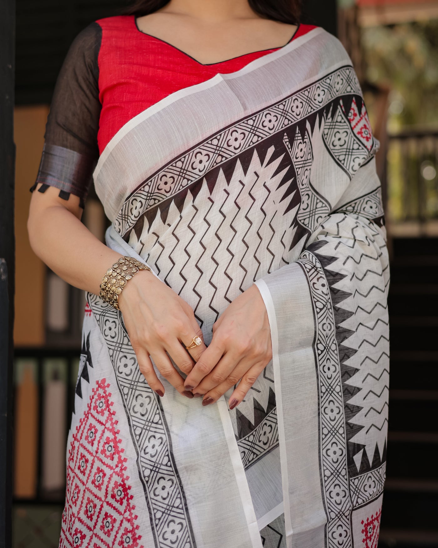 Black and White Geometric Pattern Pure Cotton Linen Saree with Red Accents, Blouse, and Tassel Details