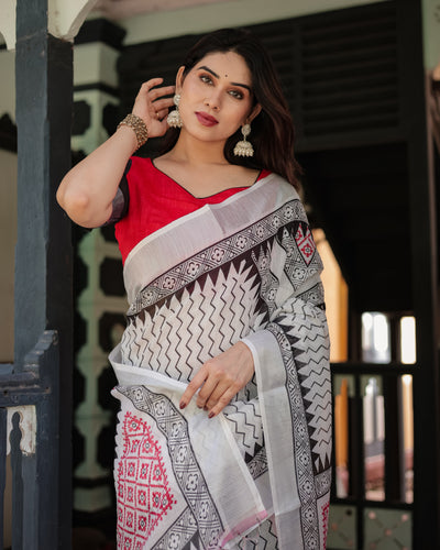 Black and White Geometric Pattern Pure Cotton Linen Saree with Red Accents, Blouse, and Tassel Details