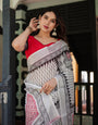 Black and White Geometric Pattern Pure Cotton Linen Saree with Red Accents, Blouse, and Tassel Details