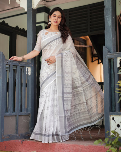 Elegant Pure Cotton Linen Saree with Intricate Grey and White Pattern, Complete with Blouse and Tassels