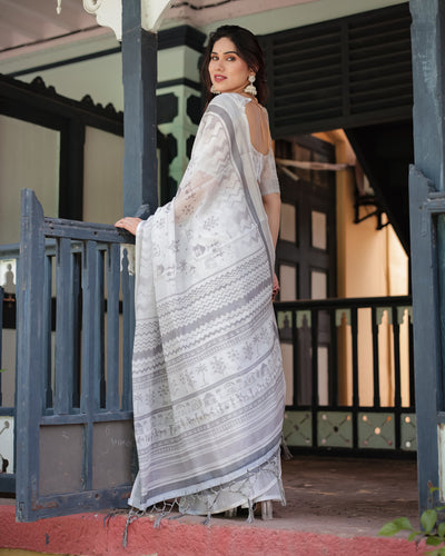 Elegant Pure Cotton Linen Saree with Intricate Grey and White Pattern, Complete with Blouse and Tassels