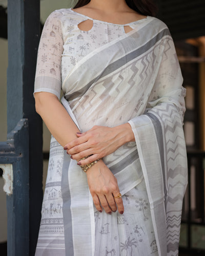 Elegant Pure Cotton Linen Saree with Intricate Grey and White Pattern, Complete with Blouse and Tassels