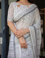 Elegant Pure Cotton Linen Saree with Intricate Grey and White Pattern, Complete with Blouse and Tassels