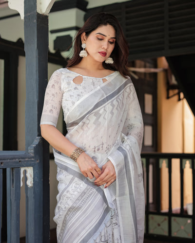 Elegant Pure Cotton Linen Saree with Intricate Grey and White Pattern, Complete with Blouse and Tassels