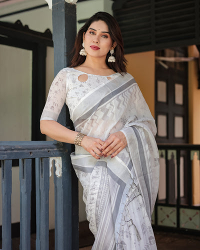 Elegant Pure Cotton Linen Saree with Intricate Grey and White Pattern, Complete with Blouse and Tassels