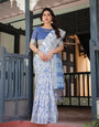 Blue and White Floral Pure Cotton Linen Saree with Blouse and Tassels