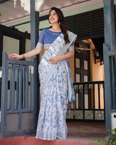 Blue and White Floral Pure Cotton Linen Saree with Blouse and Tassels