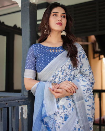 Blue and White Floral Pure Cotton Linen Saree with Blouse and Tassels