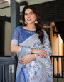 Blue and White Floral Pure Cotton Linen Saree with Blouse and Tassels