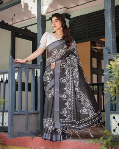 Black and White Pure Cotton Linen Saree with Intricate Floral Design and Tassels on Edges